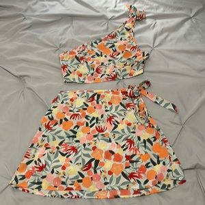 ZAFUL One Shoulder Leaf Print Bowknot Mini Skirt Set - Light Green L